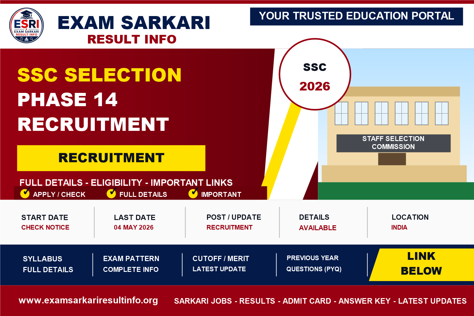 SSC Selection Phase 14 Recruitment 2026 : Short Details post details image